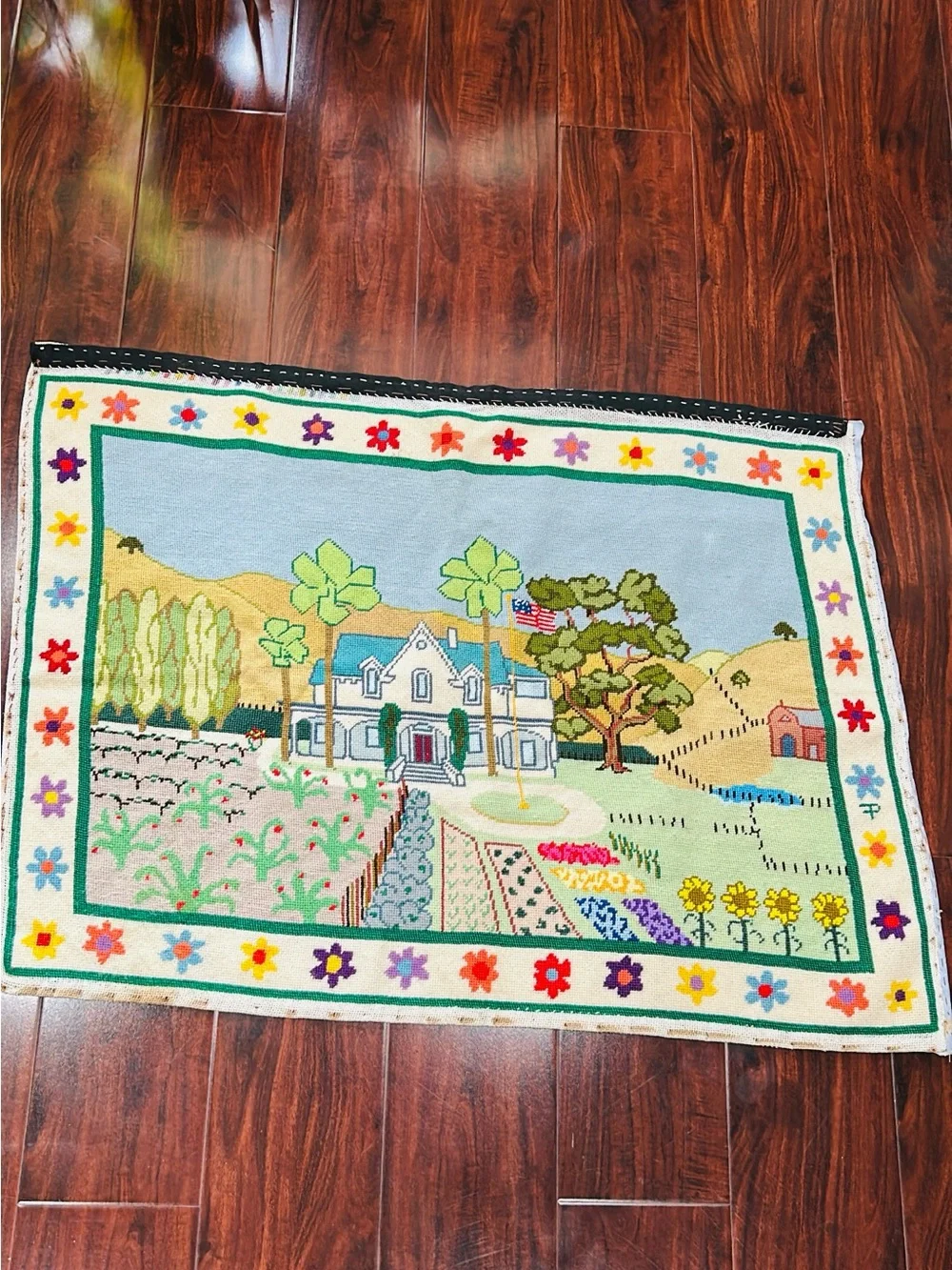Vintage Handcrafted Needlepoint Tapestry – Country Estate & Garden Scene